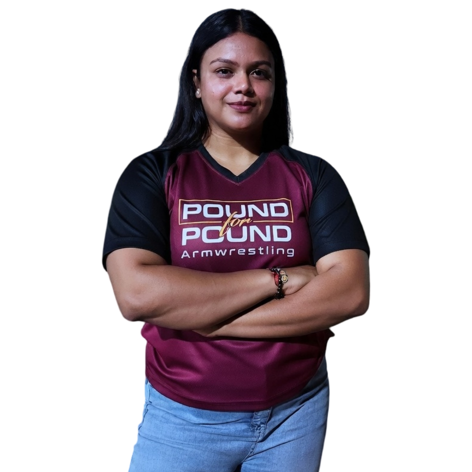 Pound for Pound brand athlete in maroon team jersey