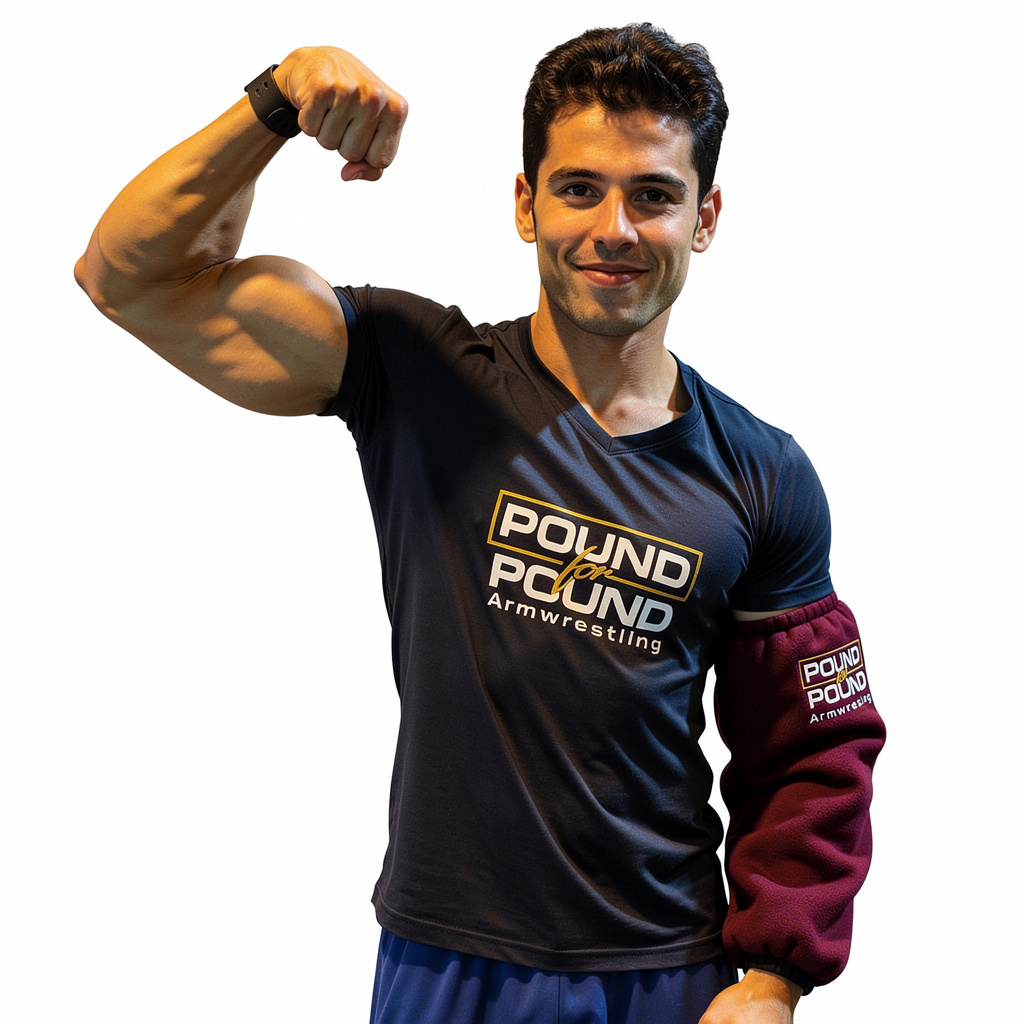 Pound for Pound brand athlete flexing in team kit